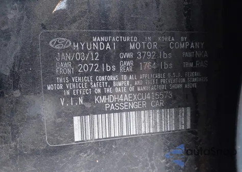 2012 Hyundai Elantra Gls (Ulsan Plant) from USA, damaged, VIN KMHDH4AEXCU415573